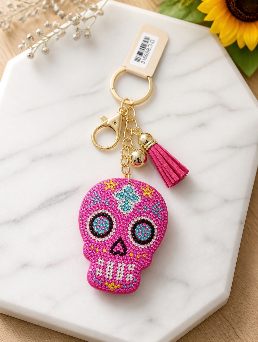 New! Pink Sugar Skull Puff Rhinestone Keychain